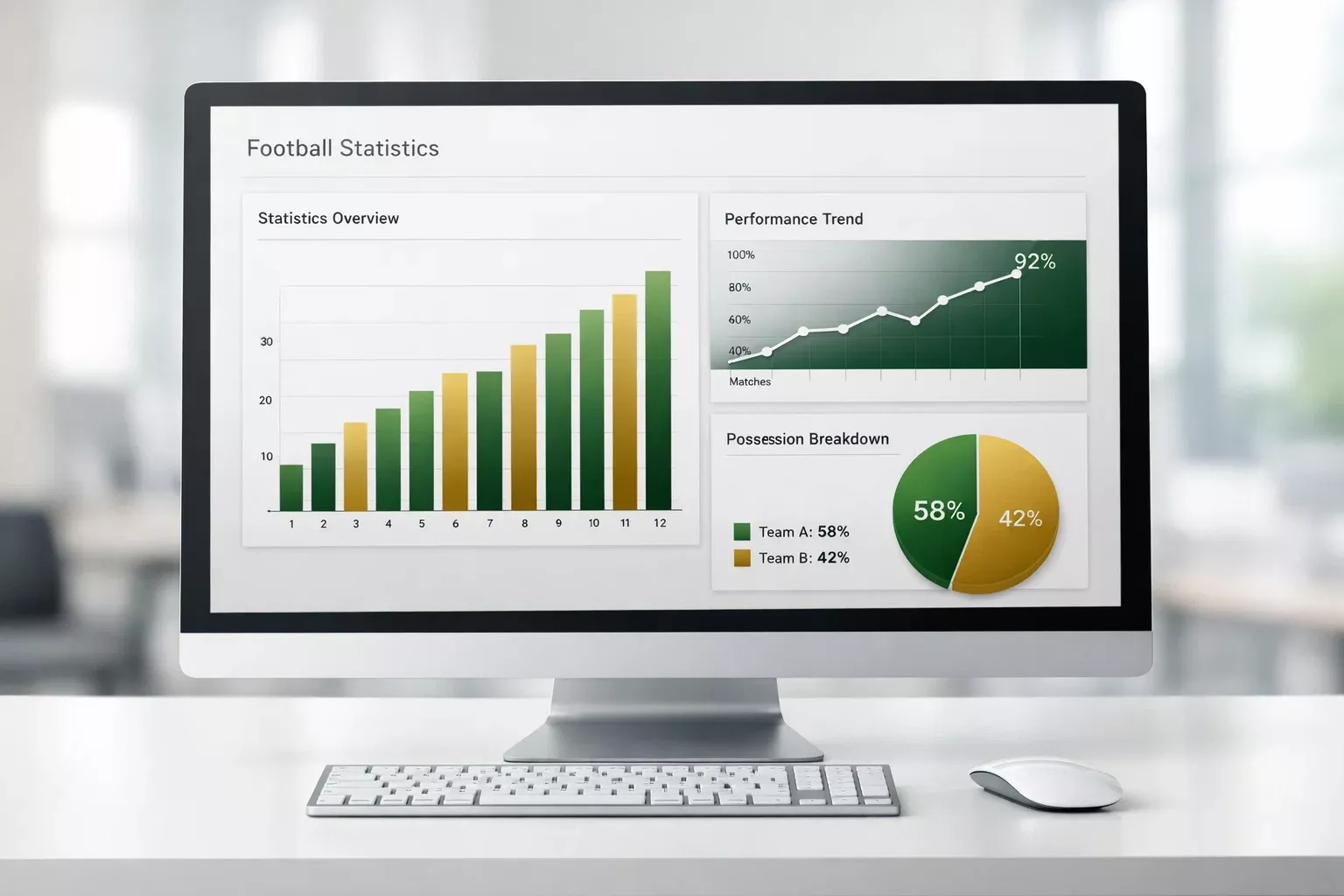 Schermo con statistiche di una partita di calcio e grafici di rendimento