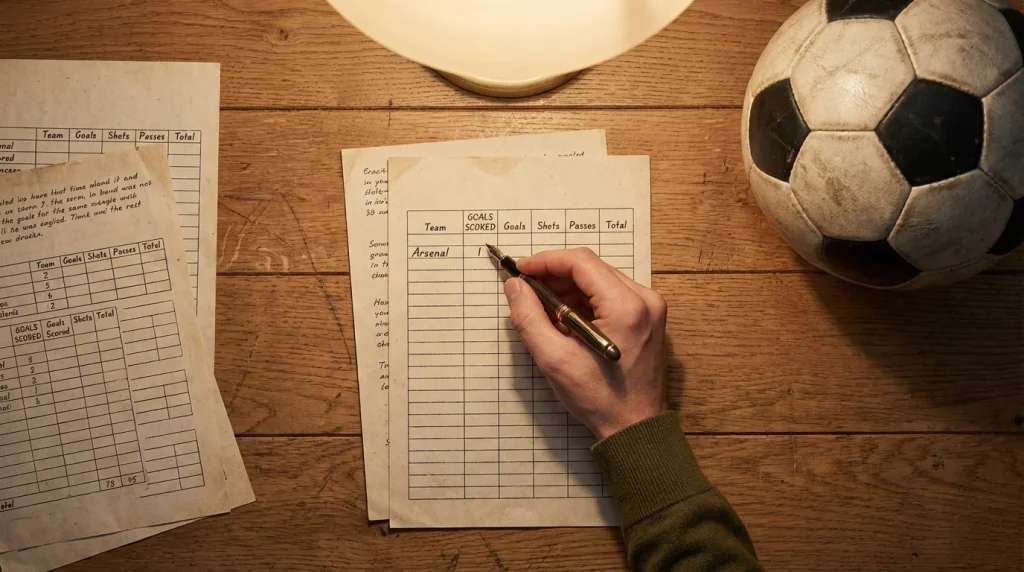 Foglio con statistiche di una partita di calcio su un tavolo con pallone da calcio