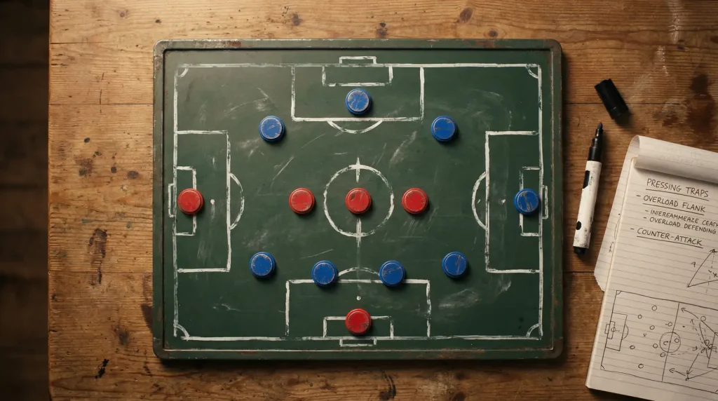 Lavagna tattica di calcio con schema di formazione e pedine su campo disegnato