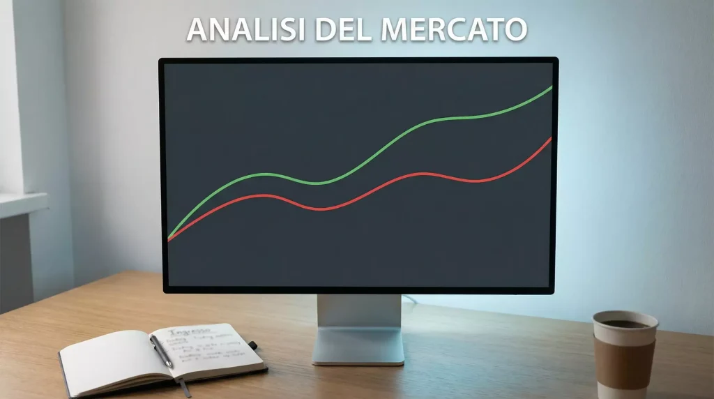 Schermo con grafici di quote in movimento su una scrivania professionale ordinata