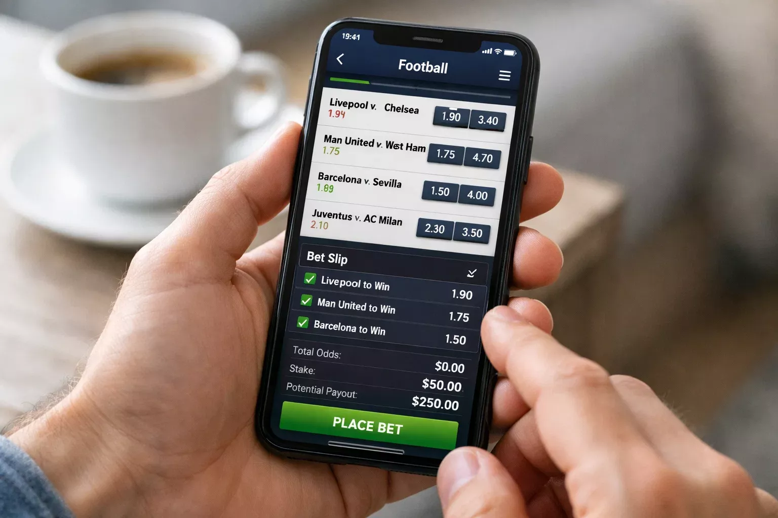 Smartphone con applicazione di scommesse sportive aperta