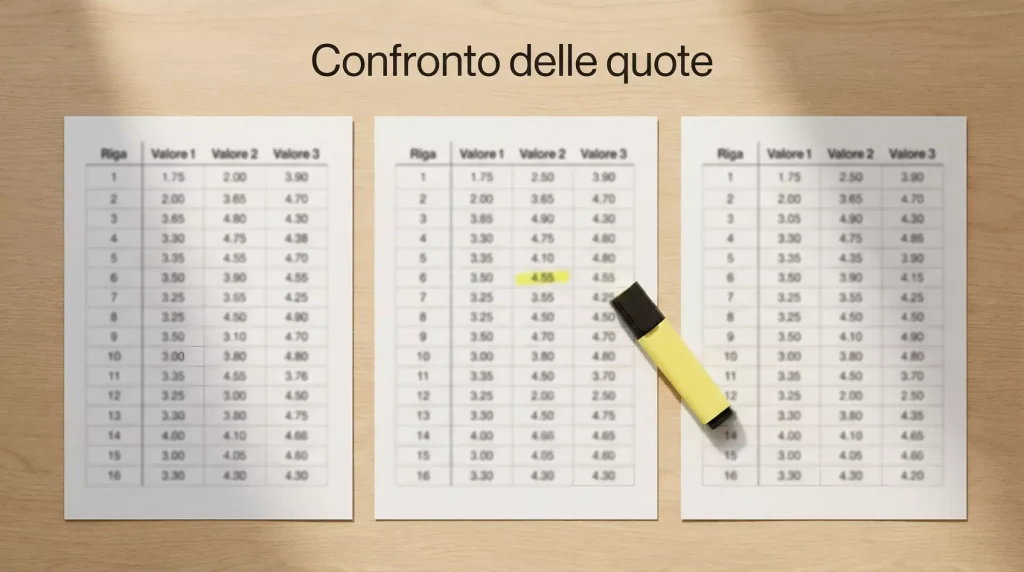 Tre fogli con colonne di numeri affiancati su scrivania con evidenziatore