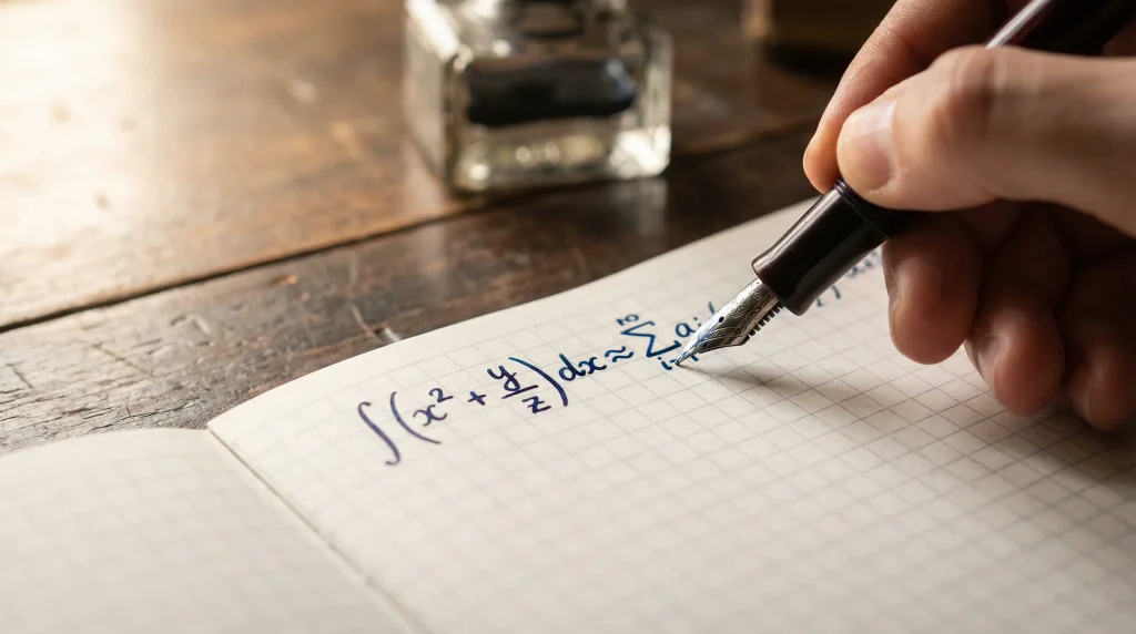Mano che scrive una formula matematica su un quaderno a quadretti con penna stilografica