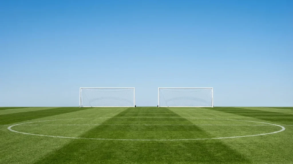 Due porte da calcio affiancate viste dal centro del campo con erba verde