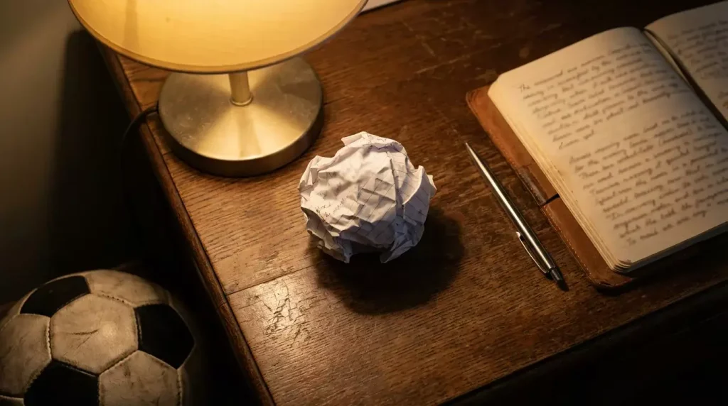 Foglio accartocciato su una scrivania con penna e quaderno aperto accanto a un pallone da calcio