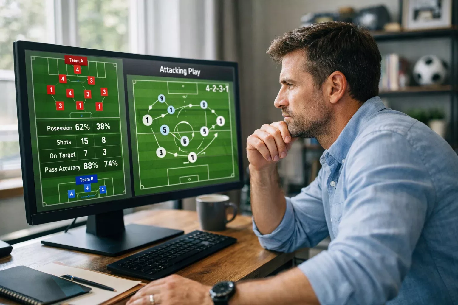 Analista sportivo che studia statistiche di partite su monitor