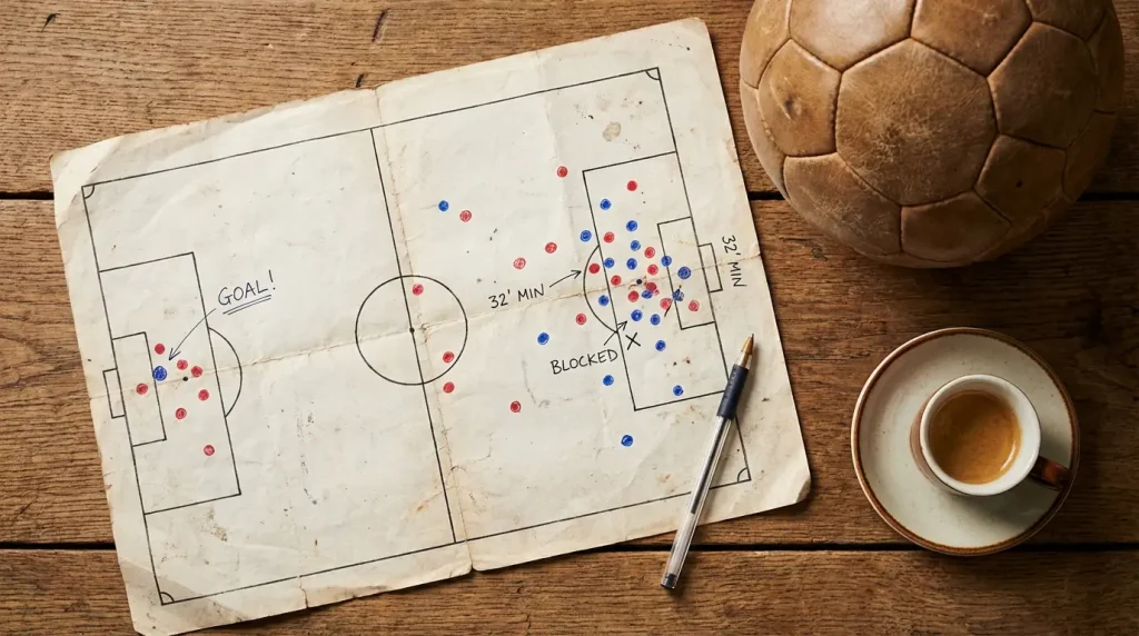 Mappa dei tiri di una partita di calcio stampata su foglio con pallone e penna sul tavolo