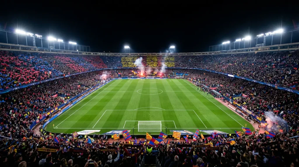 Stadio di calcio pieno visto dalle tribune con il campo verde illuminato dai riflettori