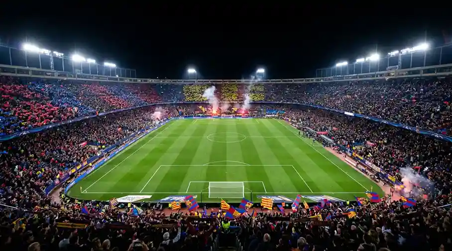 Stadio di calcio pieno visto dalle tribune con il campo verde illuminato dai riflettori