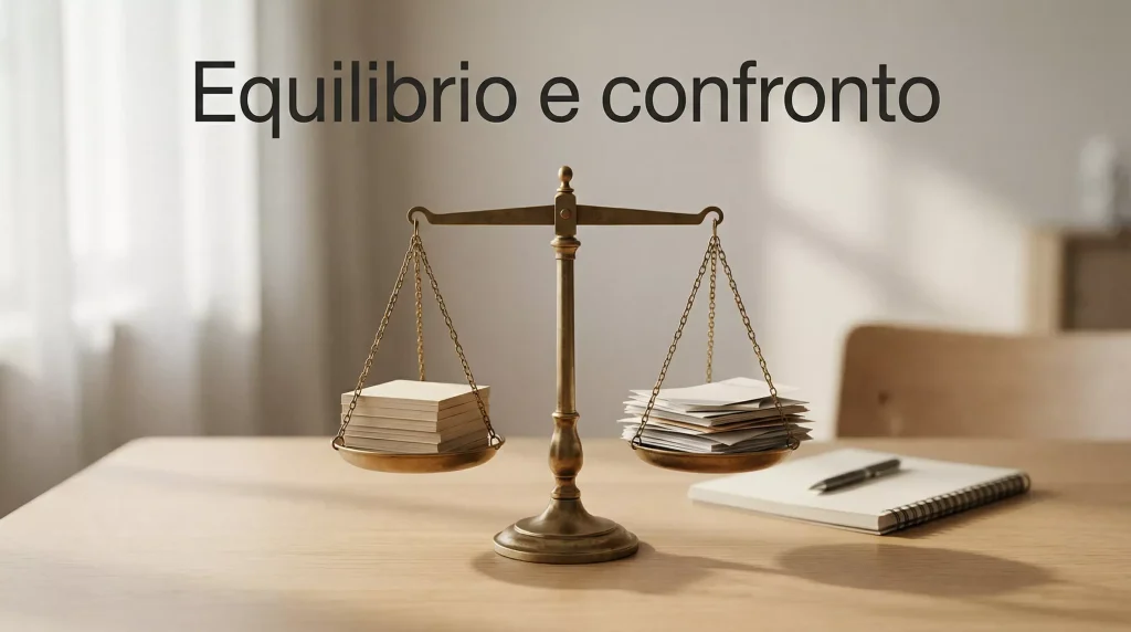 Bilancia in equilibrio su una scrivania con blocchi di appunti e penna accanto
