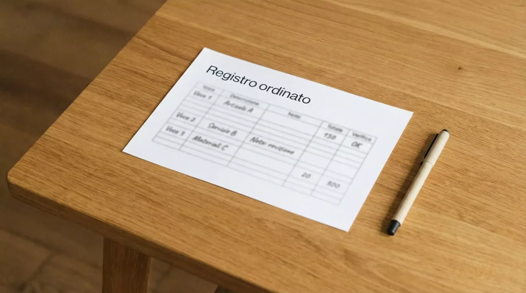 Foglio di calcolo stampato su scrivania con penna e righello accanto