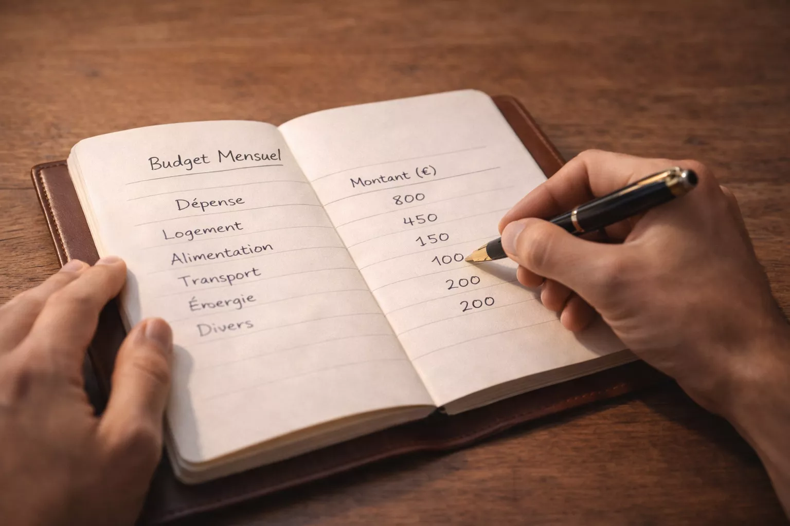 Persona che organizza il proprio budget con blocco note e simboli di euro