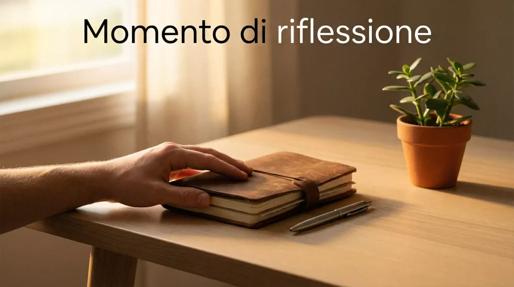 Mano che chiude con calma un quaderno su una scrivania ordinata con luce calda