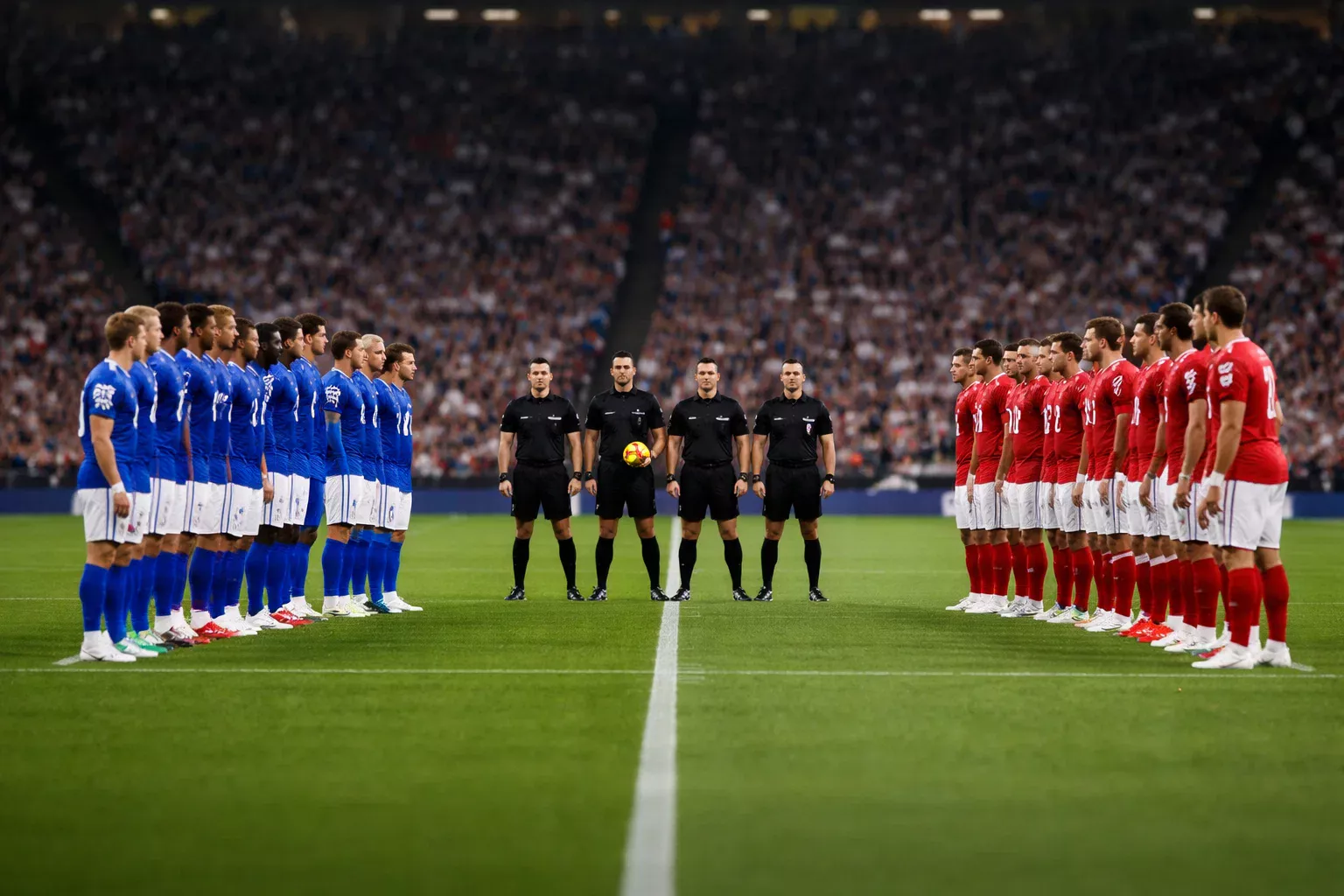 Due squadre di calcio schierate in campo prima del fischio di inizio