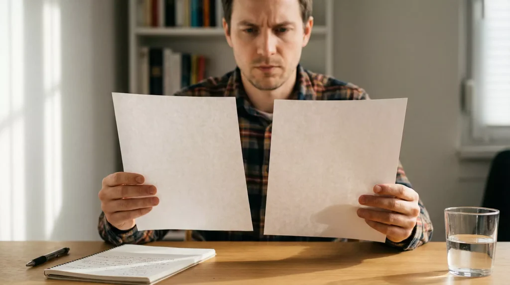 Uomo confronta fogli stampati con quote di scommesse su una scrivania ordinata