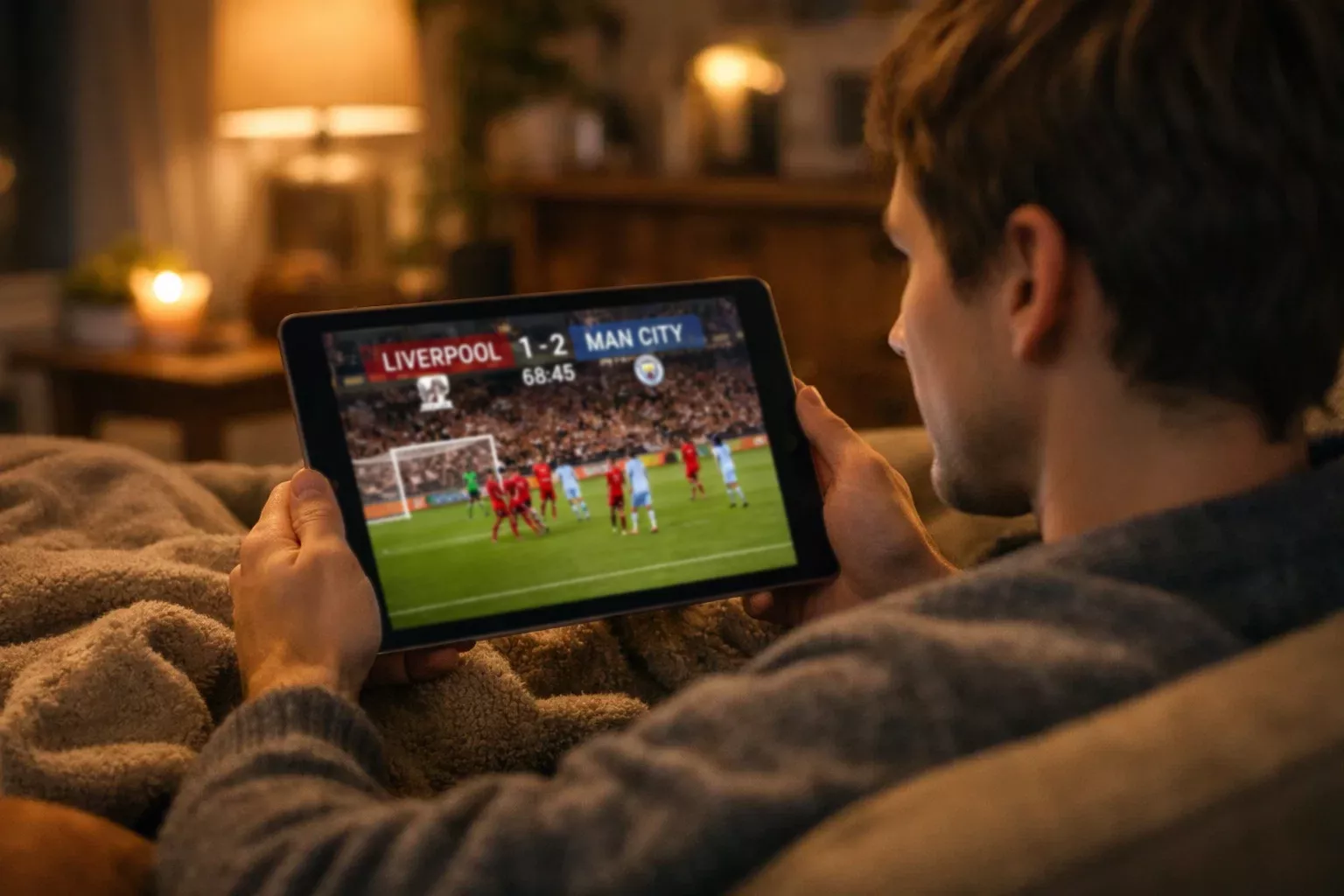 Persona che guarda partita di calcio in diretta su tablet