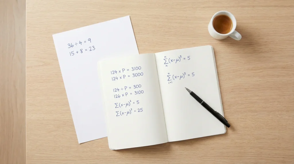 Scrivania ordinata con quaderno aperto, penna e appunti di calcoli su foglio bianco