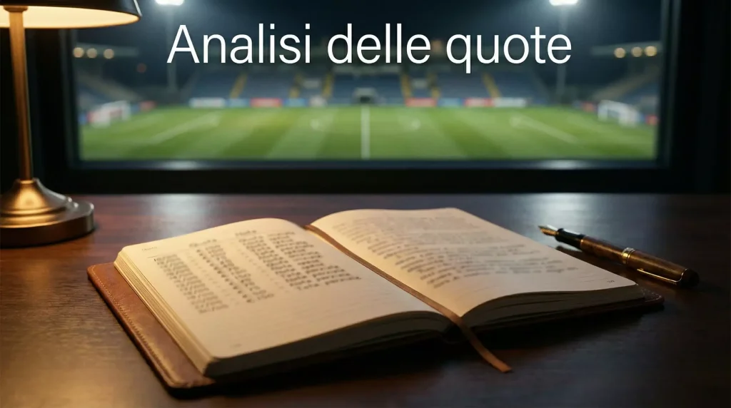 Quaderno con appunti e penna su scrivania accanto a un campo da calcio illuminato