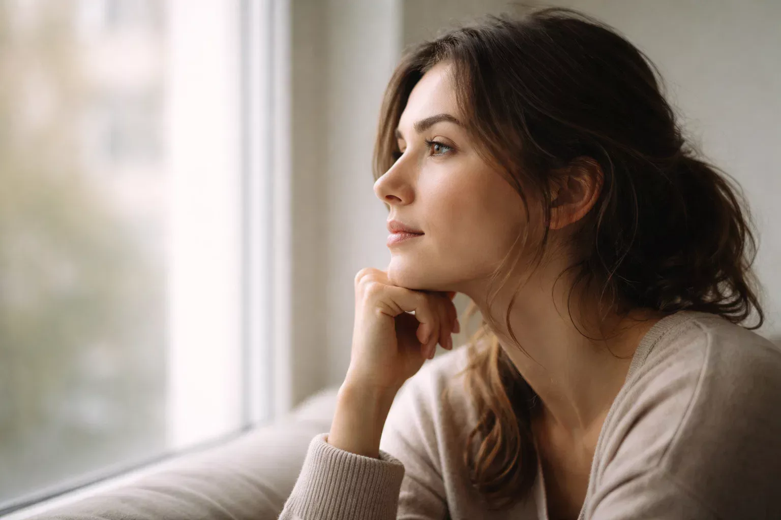 Persona pensierosa che riflette guardando fuori dalla finestra