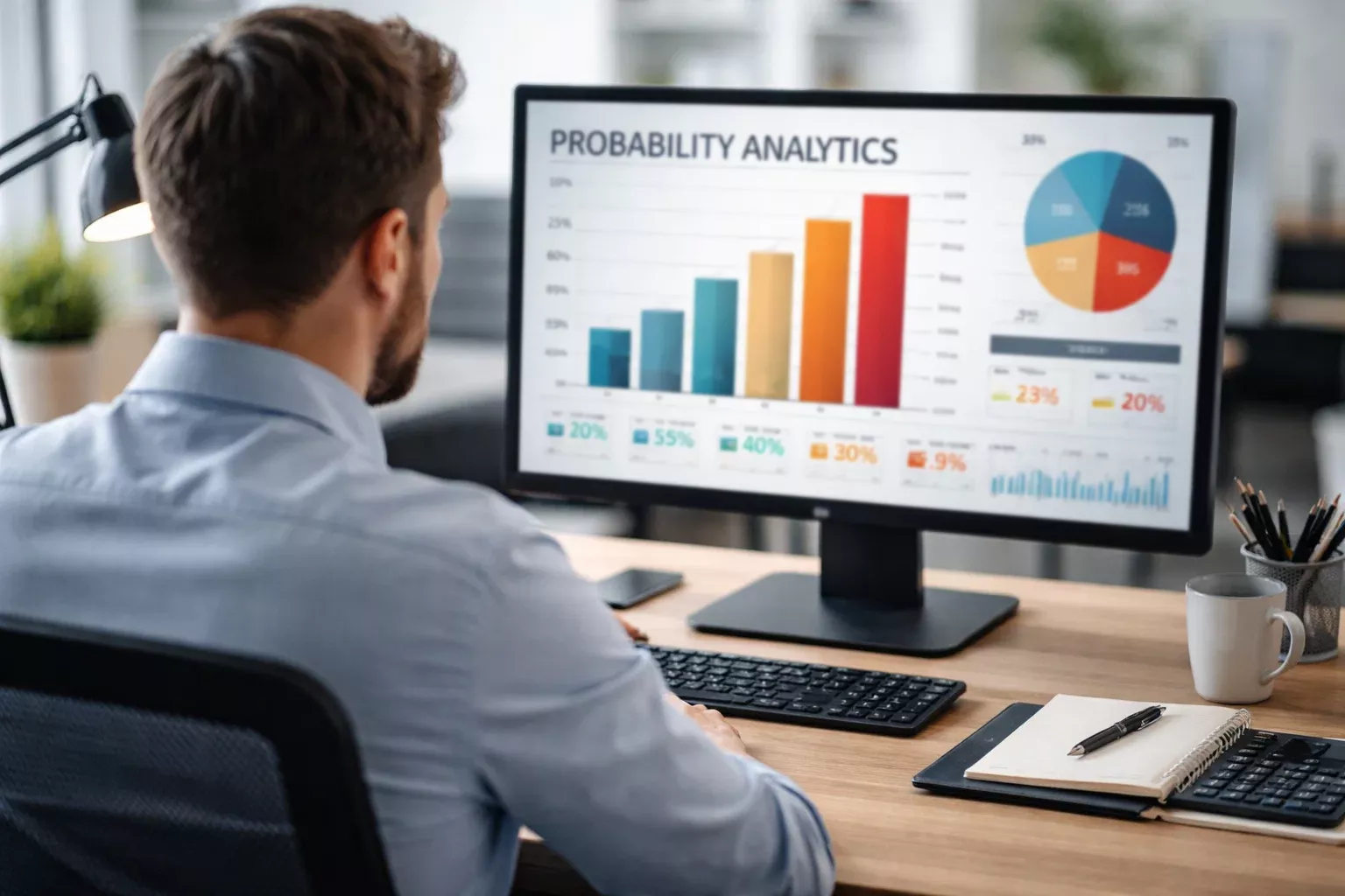 Analista che studia grafici di probabilità su schermo
