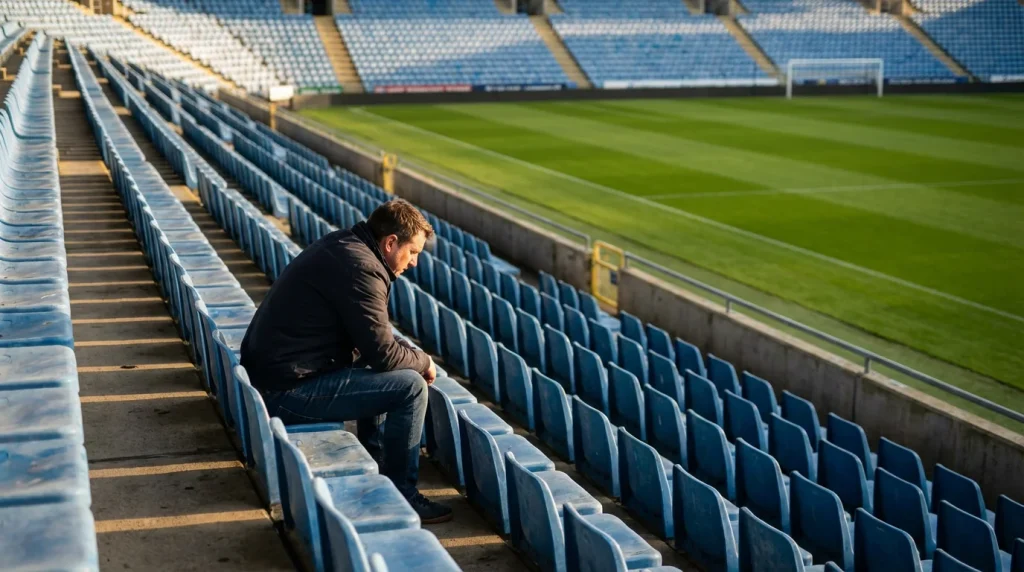 Uomo seduto da solo in uno stadio di calcio vuoto, riflette guardando il campo verde