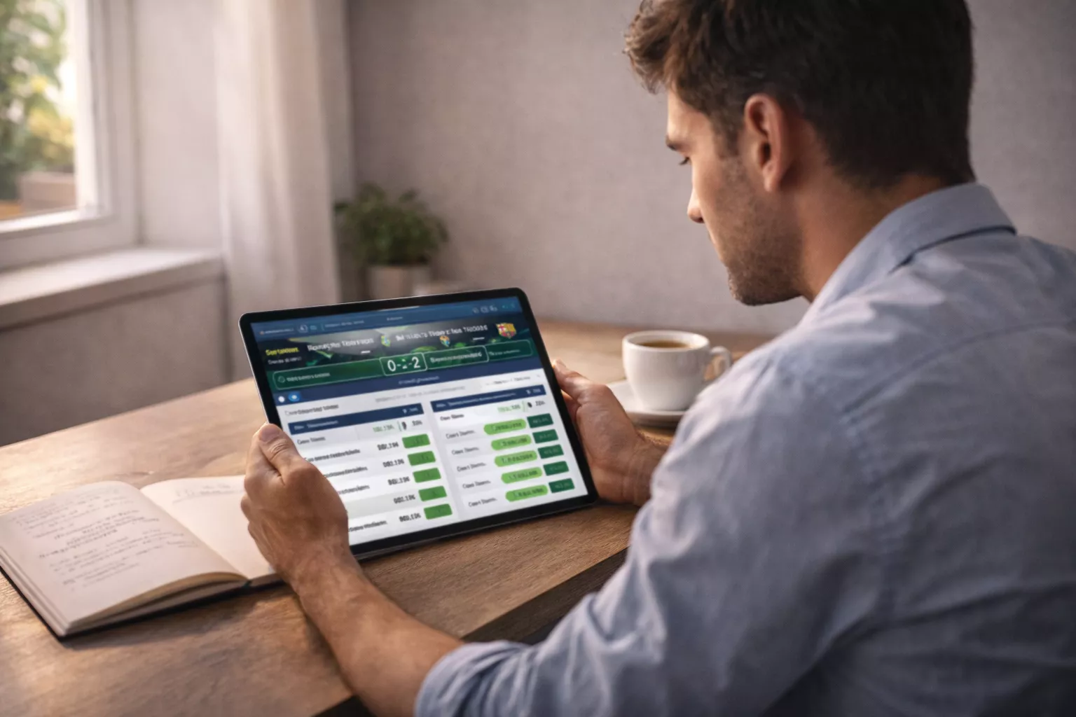 Persona che studia quotazioni sportive su un tablet in un ambiente professionale