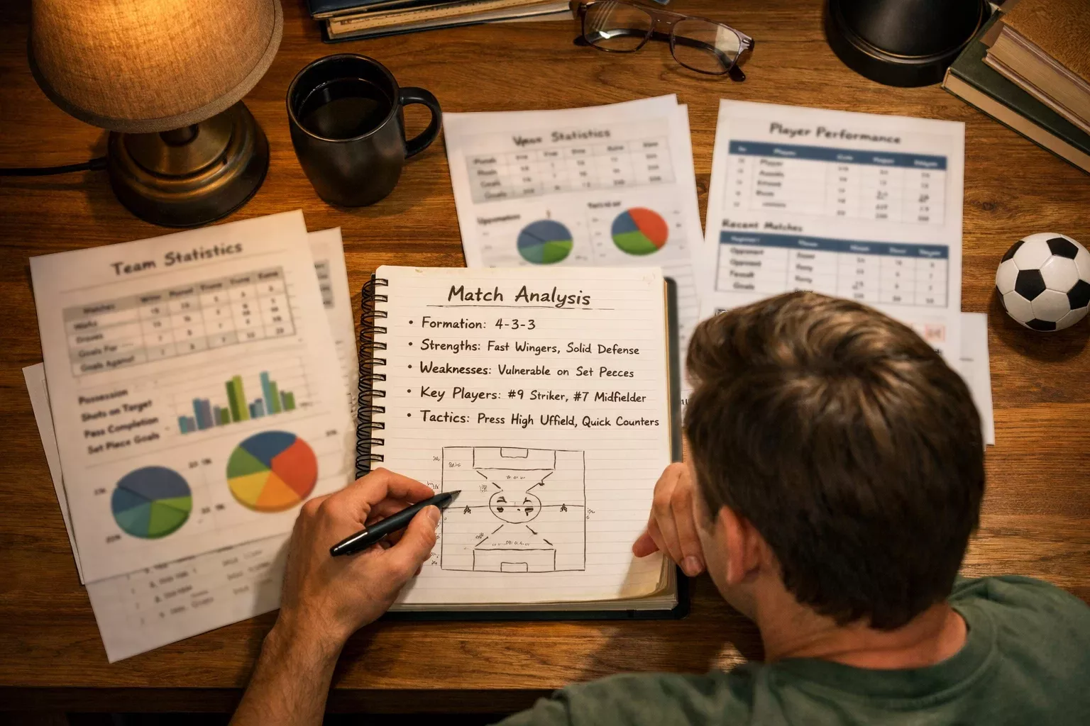 Persona che consulta appunti e statistiche per analizzare partite di calcio
