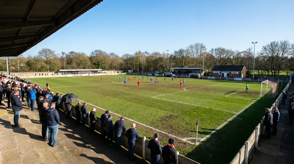 Piccolo stadio di calcio con tribune basse e campo in erba durante una partita diurna