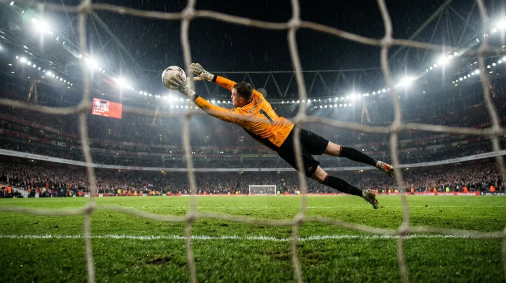 Portiere di calcio si tuffa per parare un tiro sotto i riflettori dello stadio