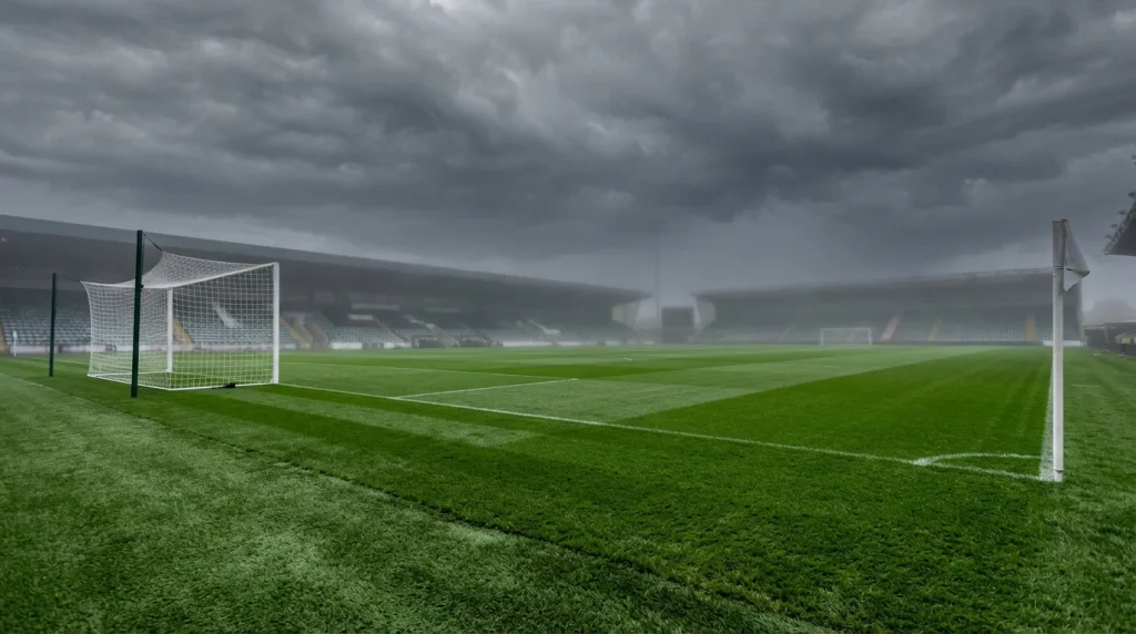 Campo da calcio inglese con erba perfetta e porte bianche sotto cielo nuvoloso