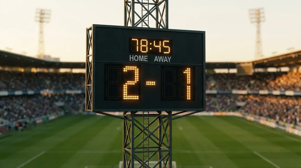 Tabellone segnapunti di stadio con numeri che mostrano un punteggio di calcio