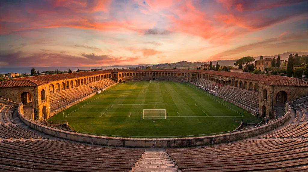 Stadio di calcio italiano con campo in erba verde e spalti al tramonto