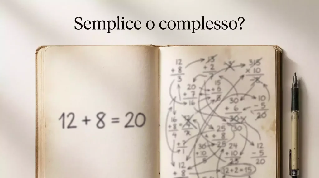 Due fogli affiancati su scrivania con calcoli a penna, uno semplice e uno complesso