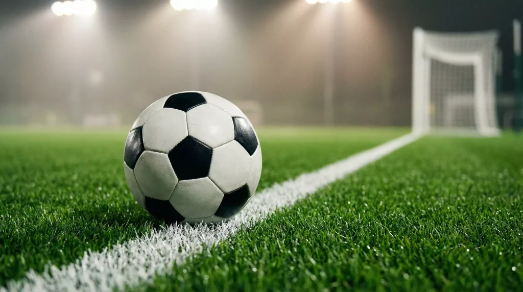 Pallone da calcio fermo sulla linea bianca di un campo da calcio in erba sotto i riflettori dello stadio