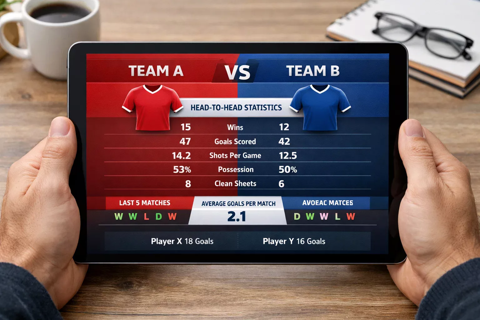 Confronto visivo tra due squadre di calcio con statistiche