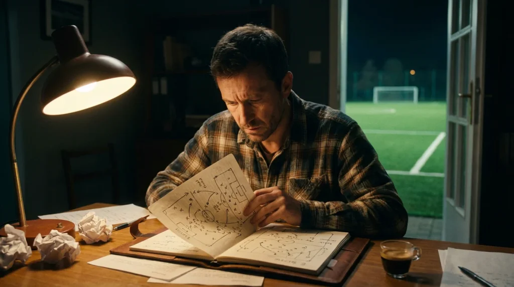 Uomo concentrato studia strategie di scommesse con appunti davanti a un campo da calcio