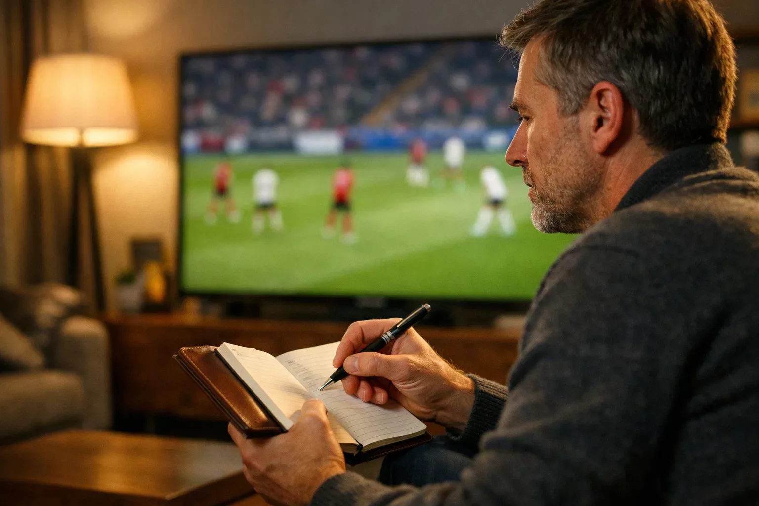 Analista sportivo che prende appunti durante una partita di calcio