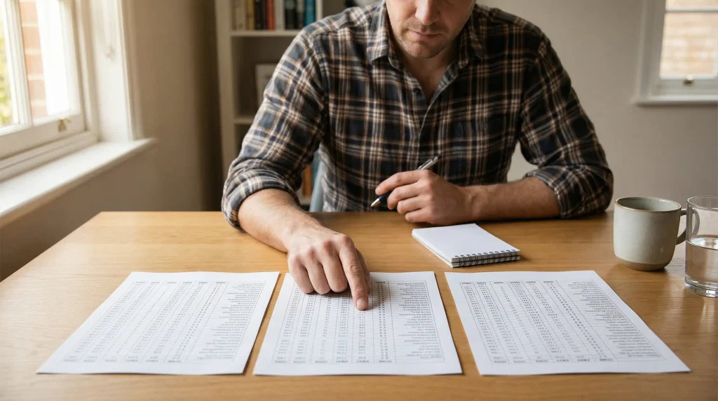 Uomo alla scrivania confronta più fogli di dati con quote affiancati ordinatamente