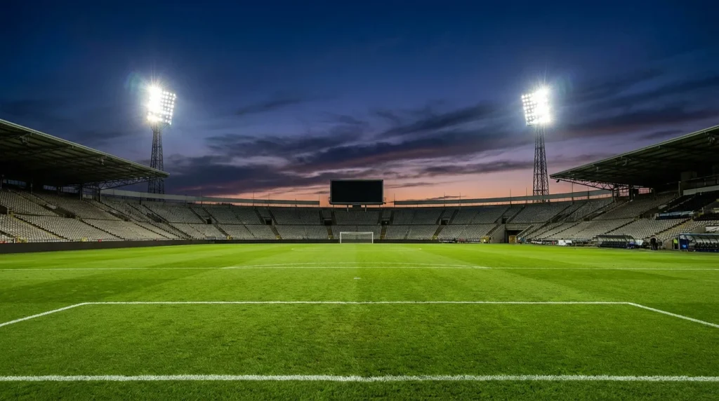 Tabellone di uno stadio di calcio con campo verde illuminato dai riflettori