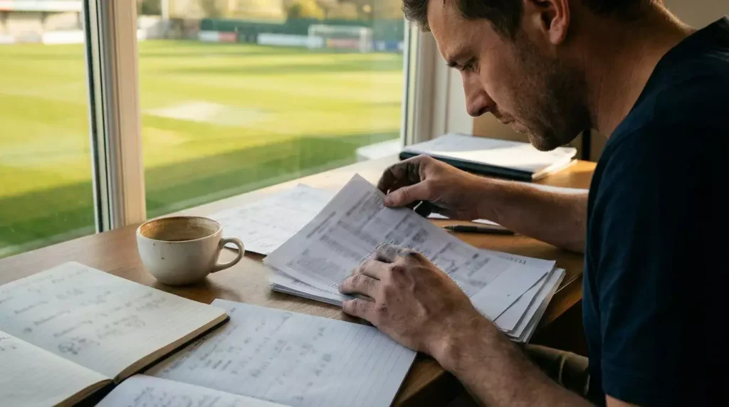 Scommettitore analizza statistiche di calcio su documenti con campo da calcio sullo sfondo